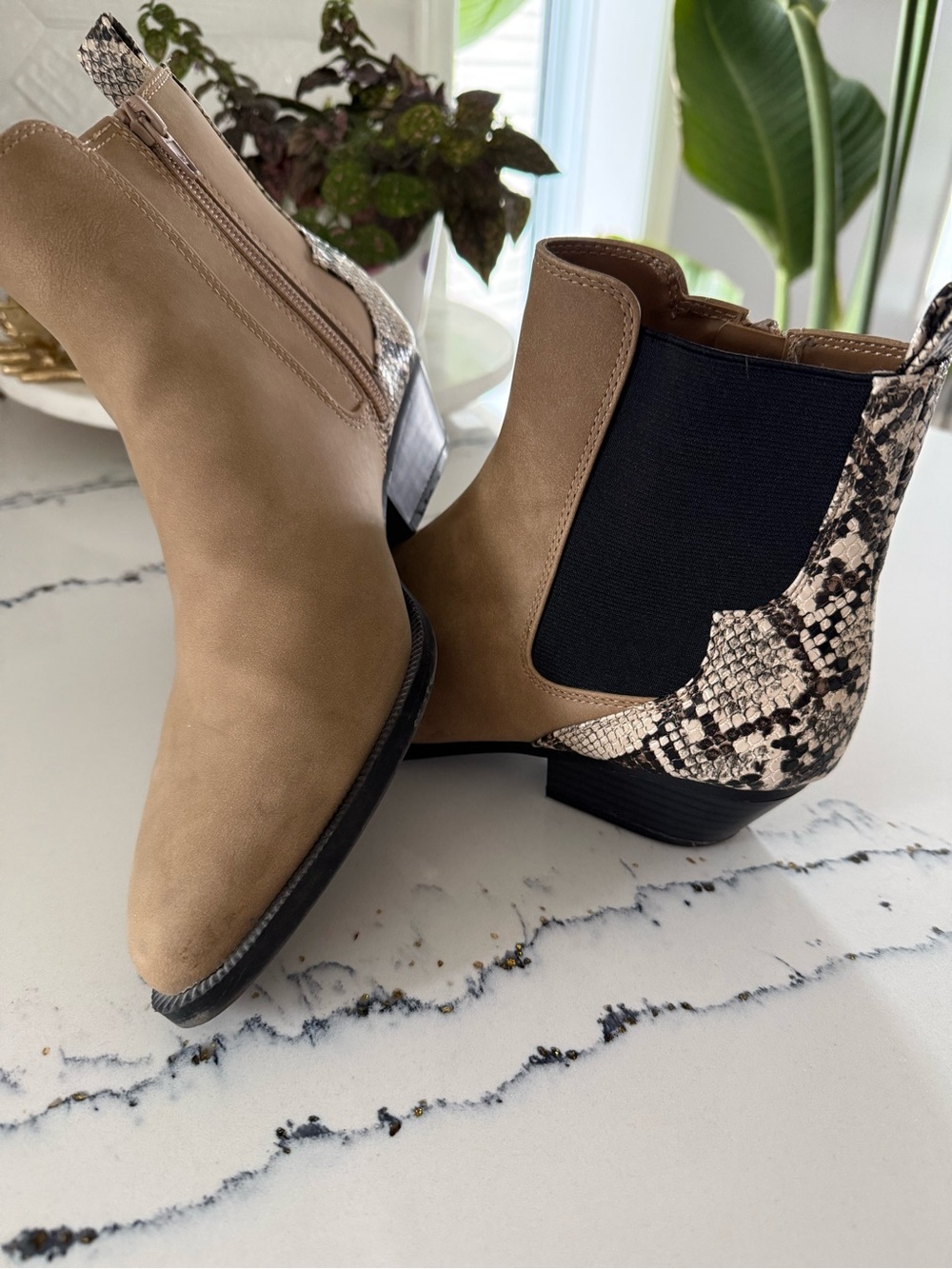 Time and Tru Taupe Ankle Boots with Snake-Print Accent